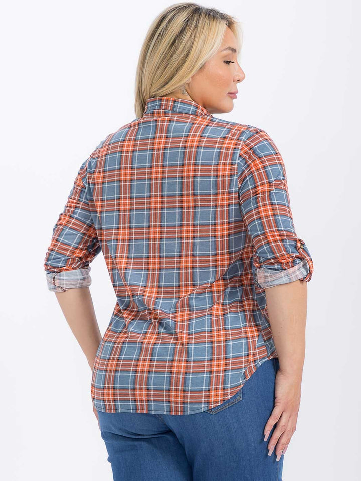 PLUS SIZE LONG SLEEVE FRONT POCKET BUTTON UP PLAID SHIRT