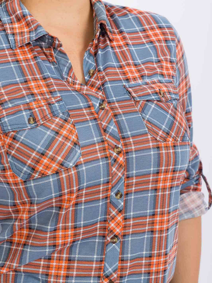 PLUS SIZE LONG SLEEVE FRONT POCKET BUTTON UP PLAID SHIRT