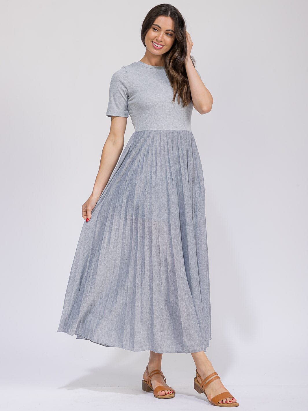 WOMEN'S SHORT SLEEVE FRONT POCKETS ELASTIC WAIST CONTRAST MAXI DRESS