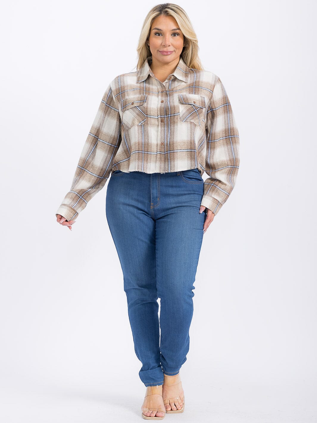 PLUS SIZE LONG SLEEVE FRONT POCKET BUTTON UP PLAID SHIRT