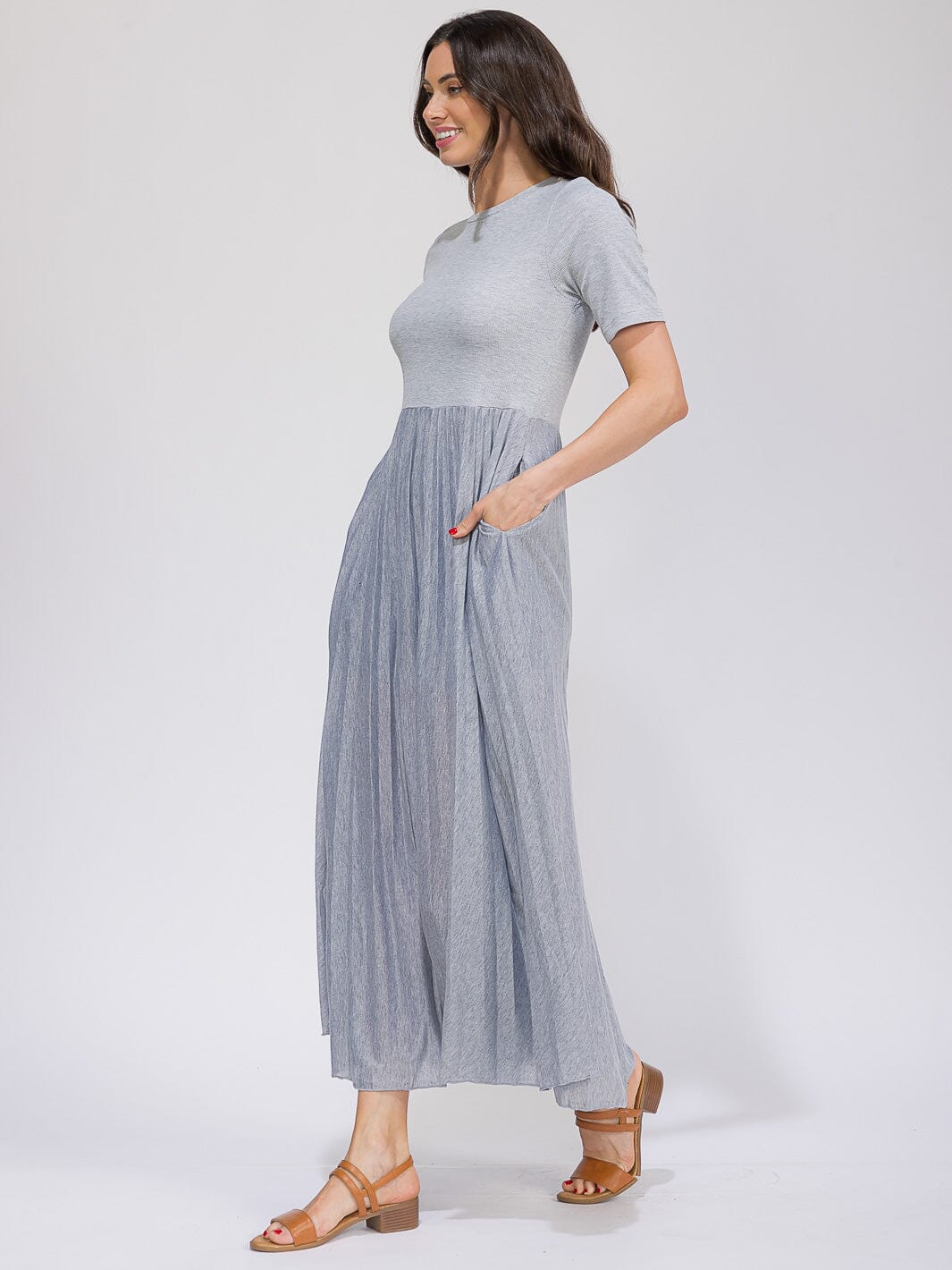 WOMEN'S SHORT SLEEVE FRONT POCKETS ELASTIC WAIST CONTRAST MAXI DRESS
