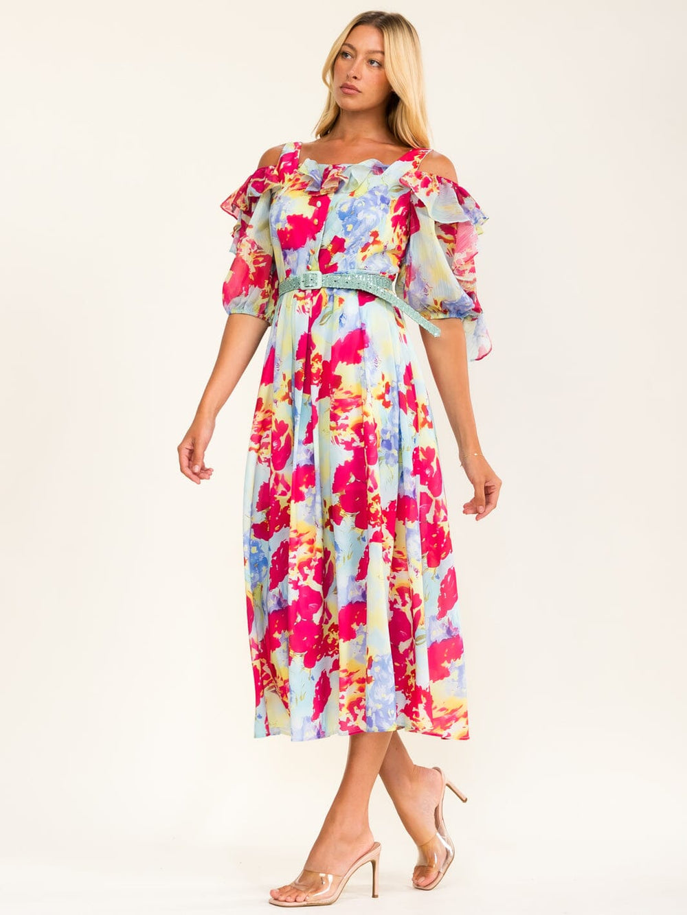 BEULAH WOMEN'S SHORT SLEEVE BELTED RUFFLE FLORAL MAXI DRESS