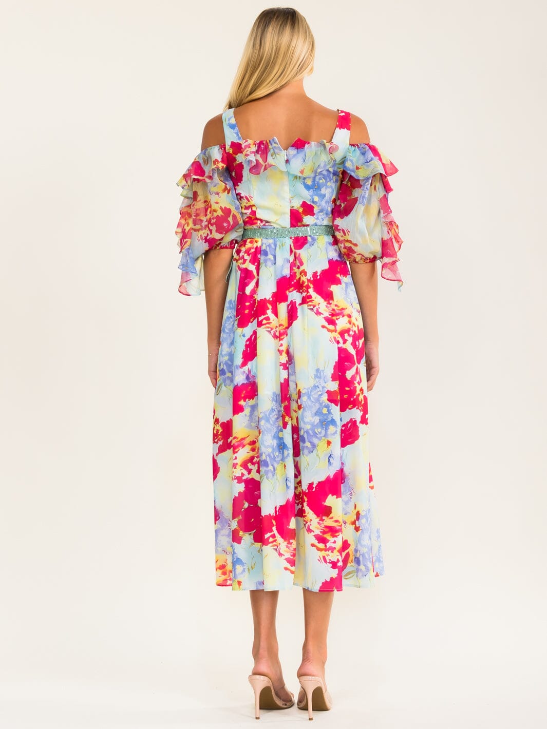 BEULAH WOMEN'S SHORT SLEEVE BELTED RUFFLE FLORAL MAXI DRESS