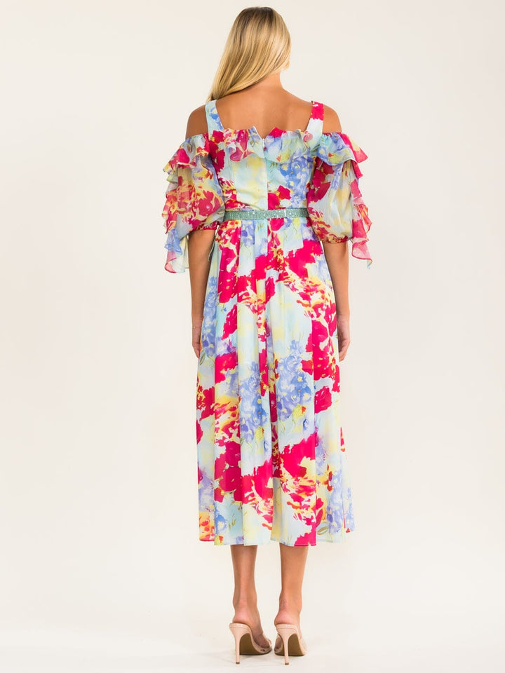 BEULAH WOMEN'S SHORT SLEEVE BELTED RUFFLE FLORAL MAXI DRESS