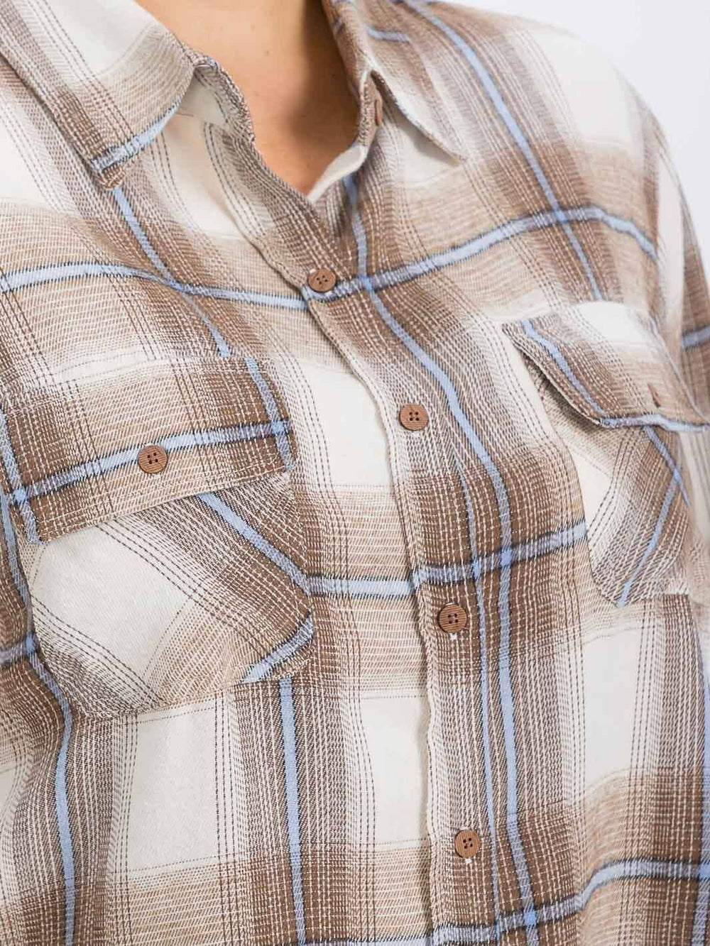 PLUS SIZE LONG SLEEVE FRONT POCKET BUTTON UP PLAID SHIRT