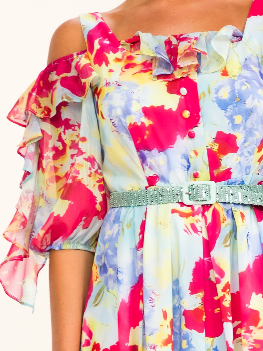 BEULAH WOMEN'S SHORT SLEEVE BELTED RUFFLE FLORAL MAXI DRESS