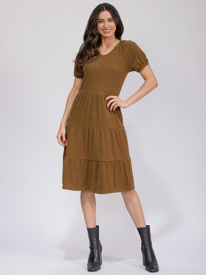 WOMEN'S SHORT SLEEVE ELASTIC WAIST POCKETS TIERED MIDI DRESS