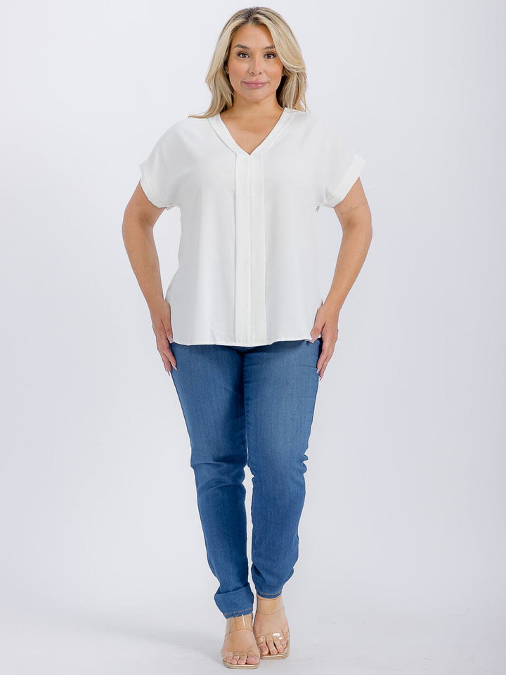 PLUS SIZE SHORT SLEEVE V-NECK BLOUSE