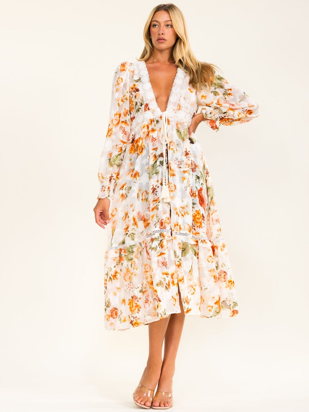 BEULAH WOMEN'S LONG SLEEVE FRONT TIE FLORAL KIMONO