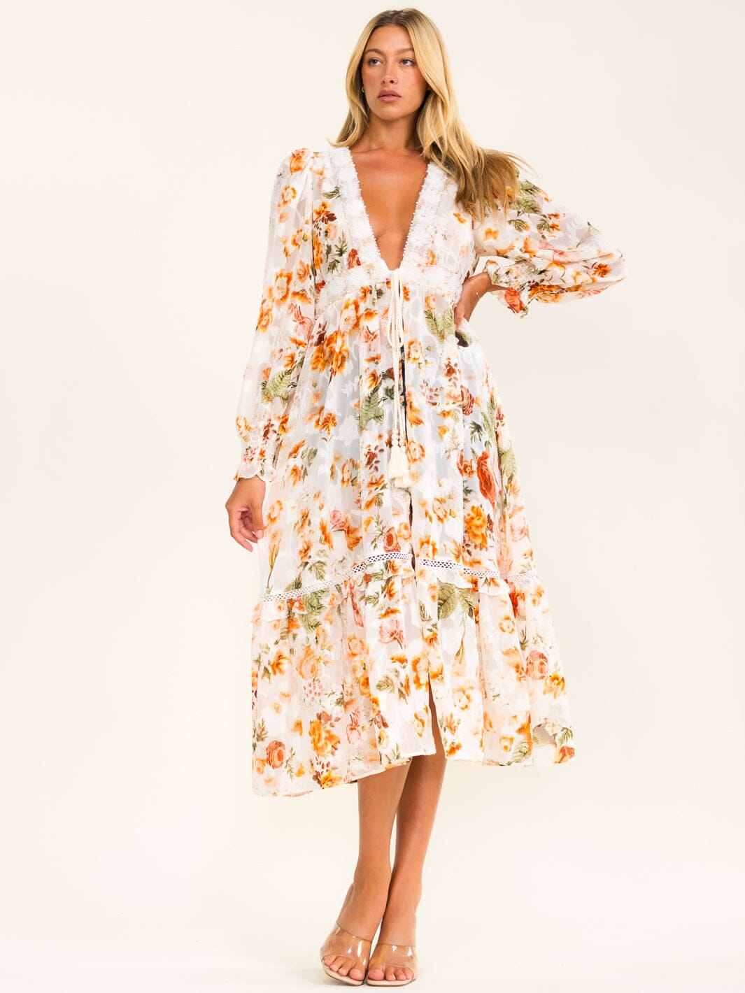 BEULAH WOMEN'S LONG SLEEVE FRONT TIE FLORAL KIMONO