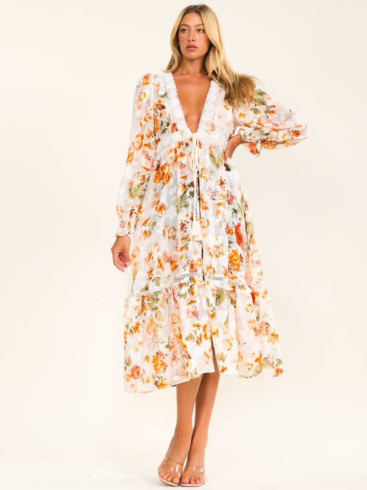 BEULAH WOMEN'S LONG SLEEVE FRONT TIE FLORAL KIMONO