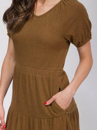 WOMEN'S SHORT SLEEVE ELASTIC WAIST POCKETS TIERED MIDI DRESS