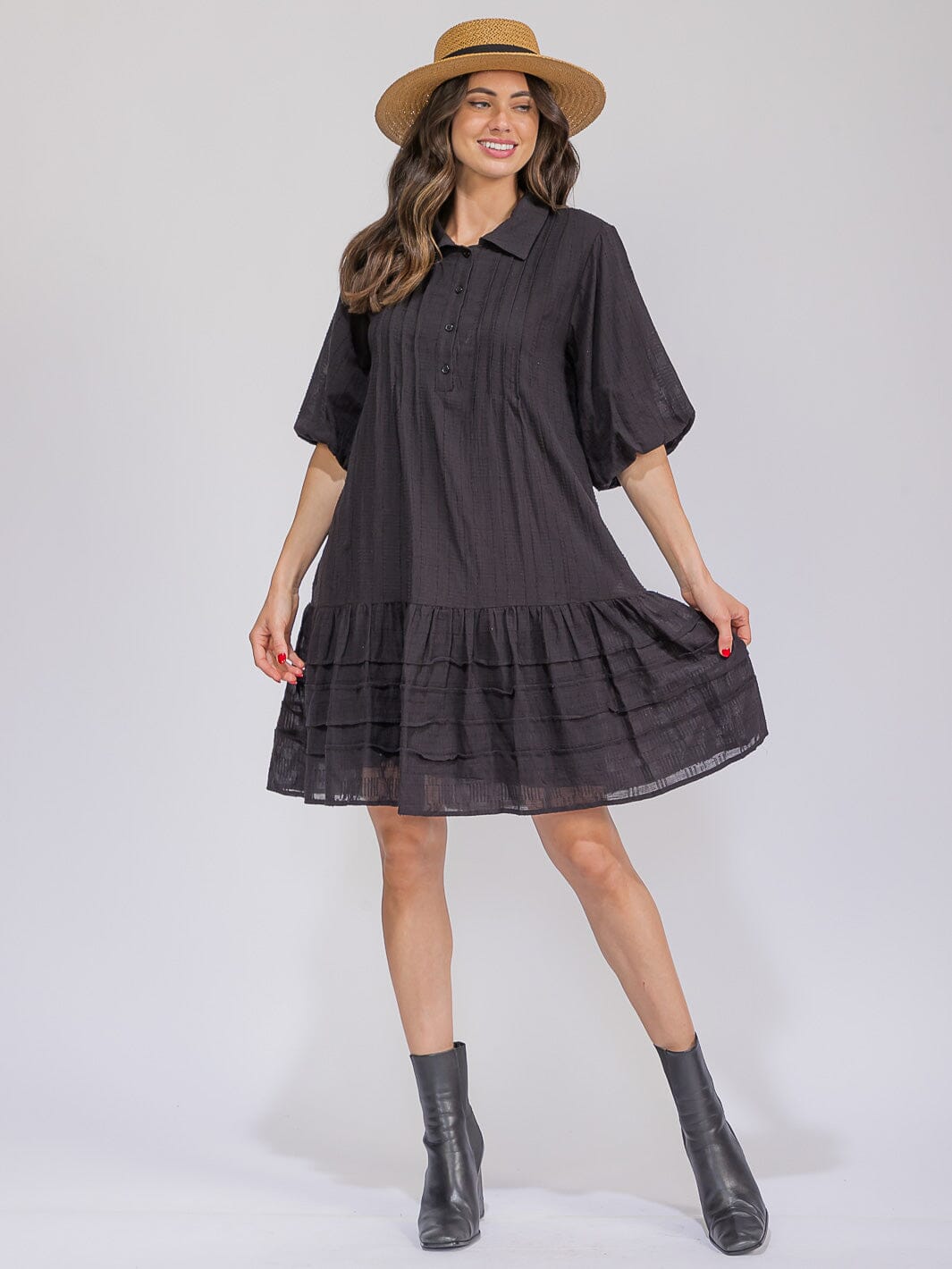 WOMEN'S SHORT SLEEVE BUTTON UP FRONT POCKETS LOOSE FIT MIDI DRESS