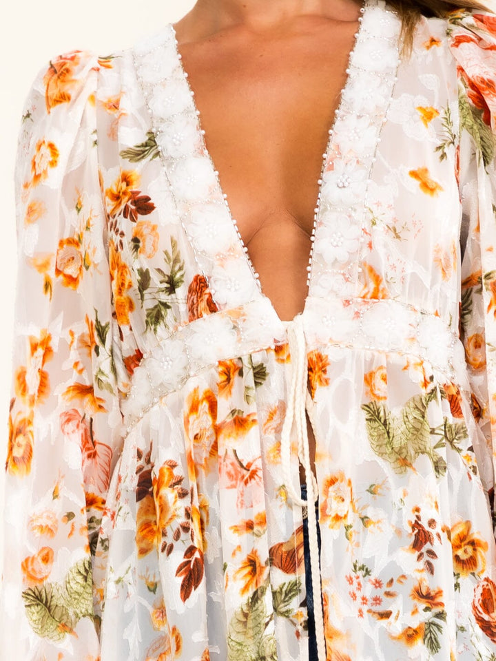 BEULAH WOMEN'S LONG SLEEVE FRONT TIE FLORAL KIMONO