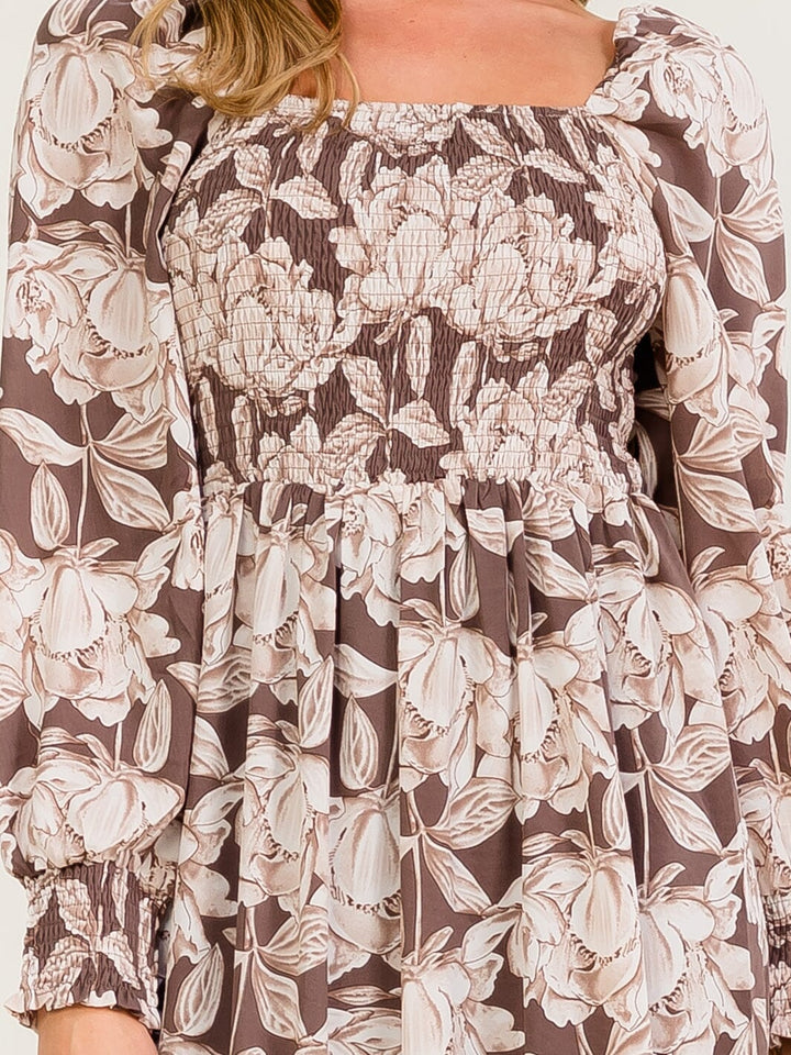 WOMEN'S LONG SLEEVE SMOCK FLORAL PRINT MAXI DRESS