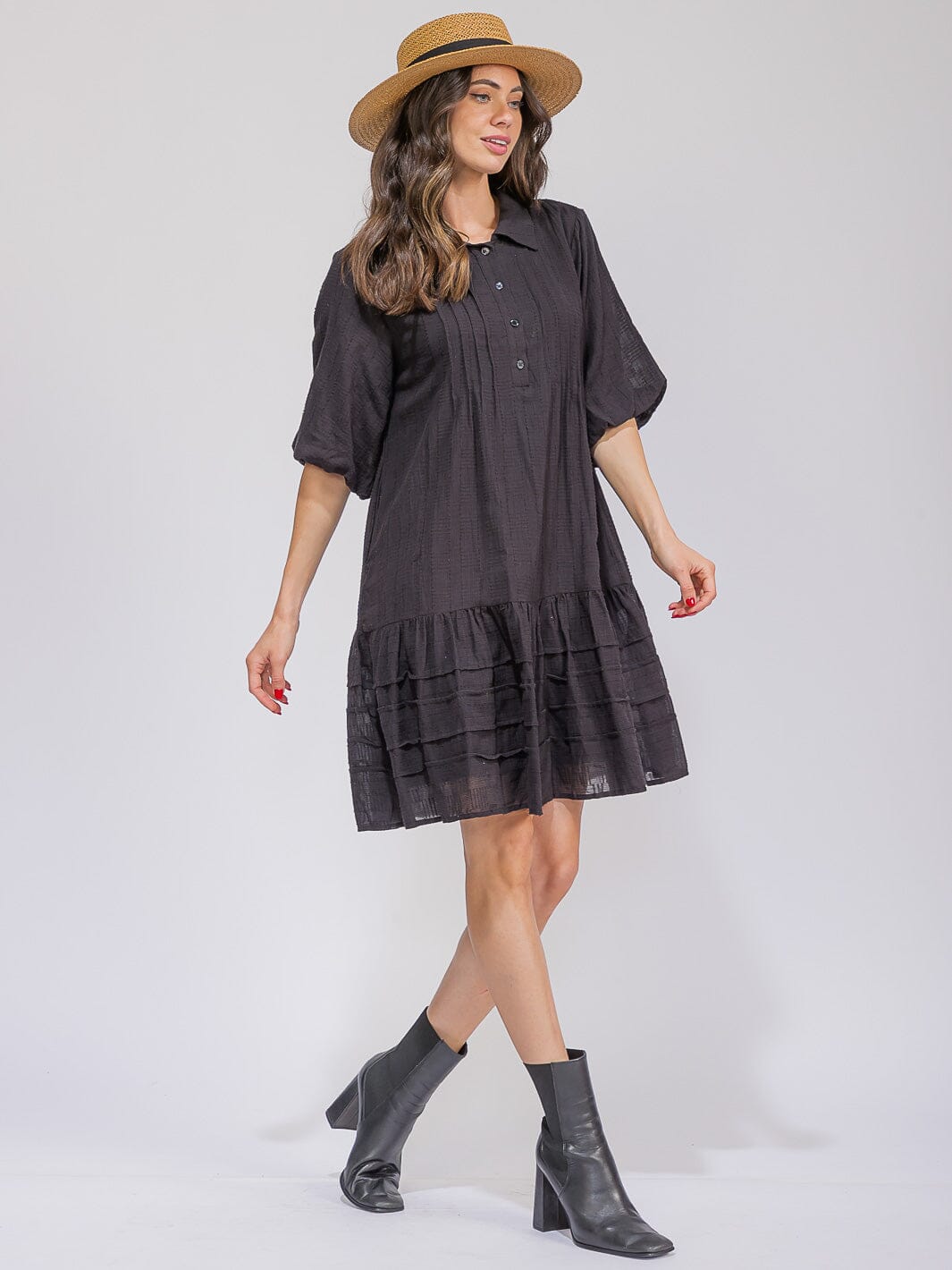 WOMEN'S SHORT SLEEVE BUTTON UP FRONT POCKETS LOOSE FIT MIDI DRESS