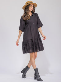 WOMEN'S SHORT SLEEVE BUTTON UP FRONT POCKETS LOOSE FIT MIDI DRESS