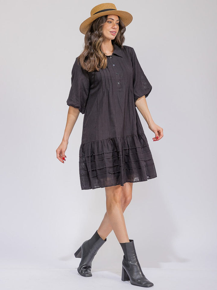 WOMEN'S SHORT SLEEVE BUTTON UP FRONT POCKETS LOOSE FIT MIDI DRESS