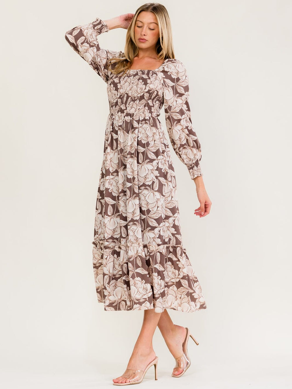 WOMEN'S LONG SLEEVE SMOCK FLORAL PRINT MAXI DRESS