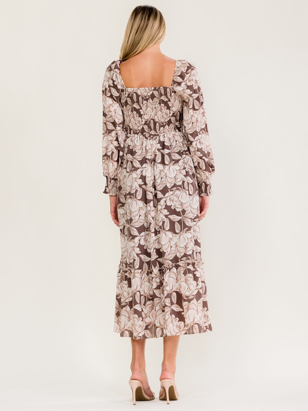 WOMEN'S LONG SLEEVE SMOCK FLORAL PRINT MAXI DRESS