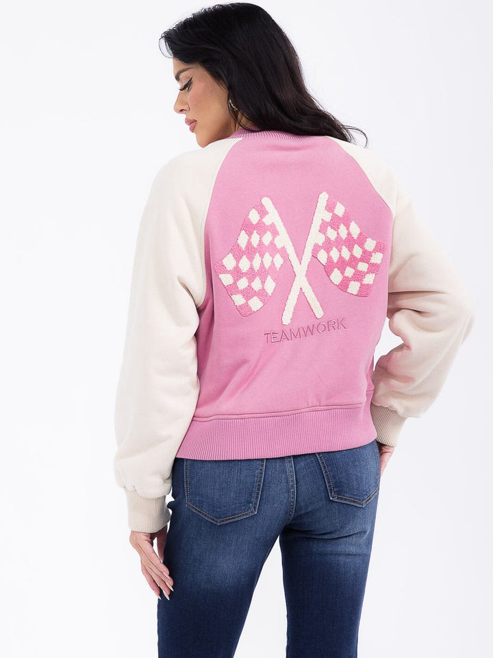 WOMEN'S LONG SLEEVE BUTTON CLOSURE FRONT POCKETS GRAPHIC COLORBLOCK VARSITY JACKET