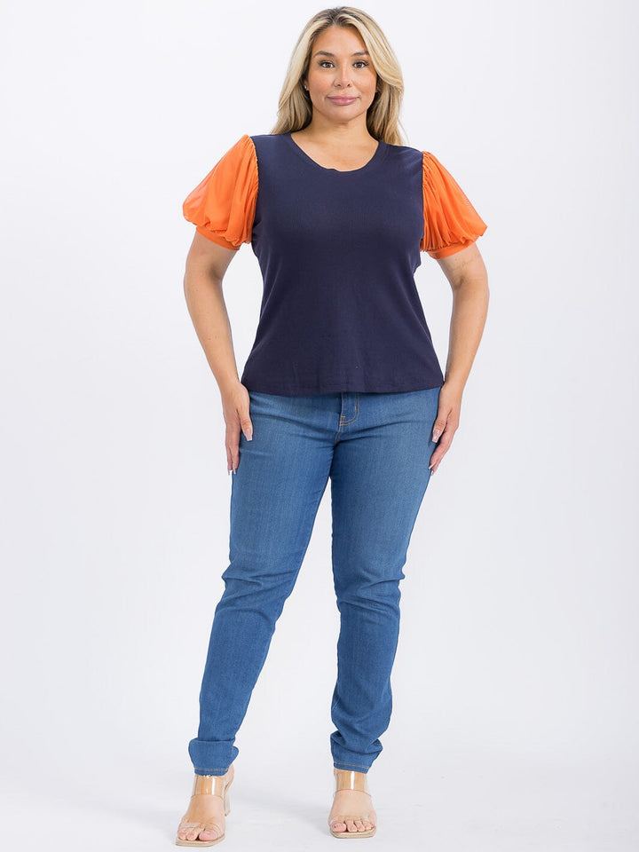 PLUS SIZE SHORT SLEEVE COLORBLOCK BLOUSE