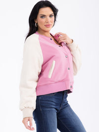WOMEN'S LONG SLEEVE BUTTON CLOSURE FRONT POCKETS GRAPHIC COLORBLOCK VARSITY JACKET