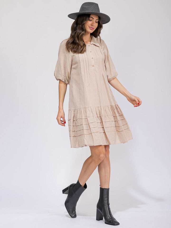 WOMEN'S SHORT SLEEVE BUTTON UP FRONT POCKETS LOOSE FIT MIDI DRESS