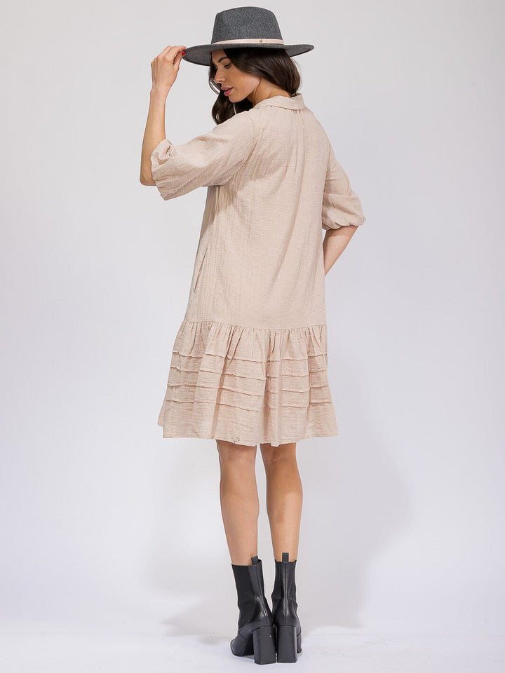 WOMEN'S SHORT SLEEVE BUTTON UP FRONT POCKETS LOOSE FIT MIDI DRESS