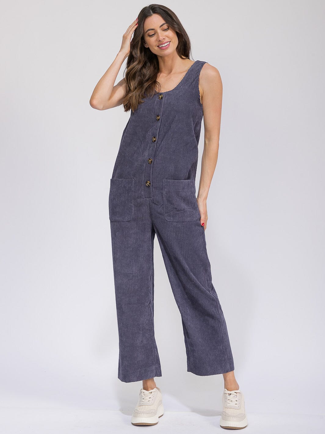 WOMEN'S SLEEVELESS FRONT POCKETS BUTTON UP WIDE LEG CORDUROY OVERALL