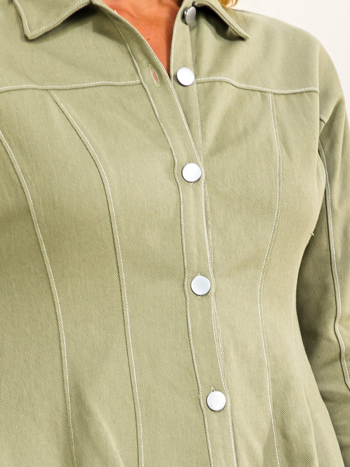 WOMEN'S LONG SLEEVE V-NECK BUTTON UP FRONT POCKETS FIT & FLARE DENIM MINI DRESS