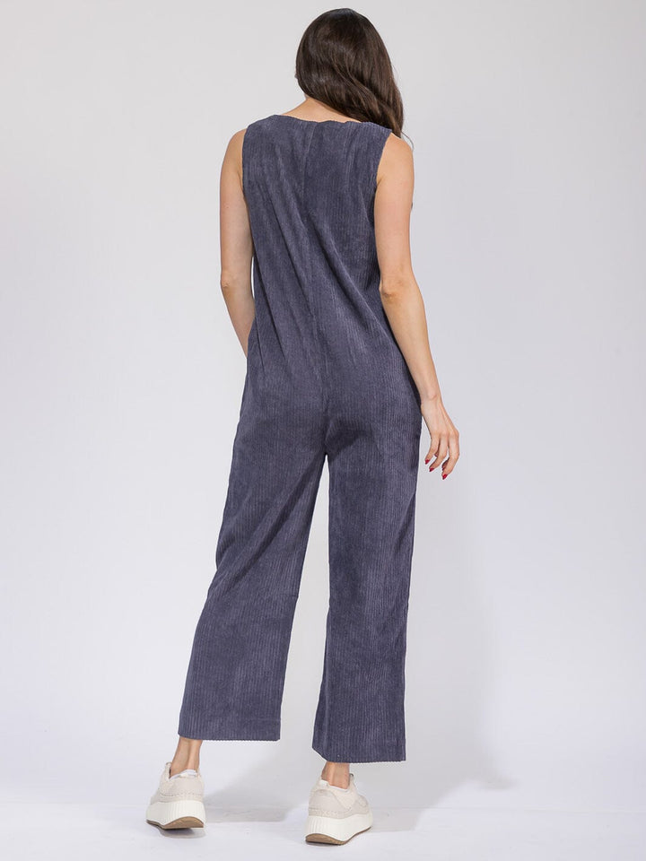WOMEN'S SLEEVELESS FRONT POCKETS BUTTON UP WIDE LEG CORDUROY OVERALL