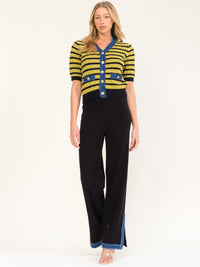 WOMEN'S SHORT SLEEVE V-NECK BLOUSE & ELASTIC WAIST WIDE LEG PANTS COLORBLOCK 2PC. SET