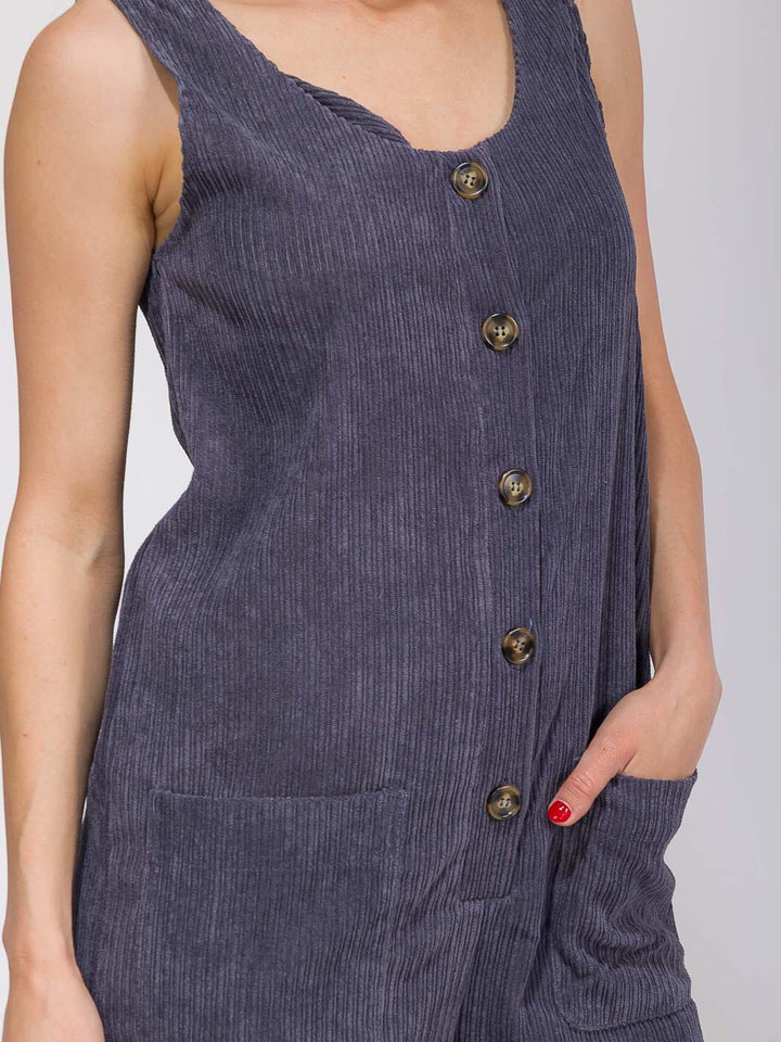 WOMEN'S SLEEVELESS FRONT POCKETS BUTTON UP WIDE LEG CORDUROY OVERALL