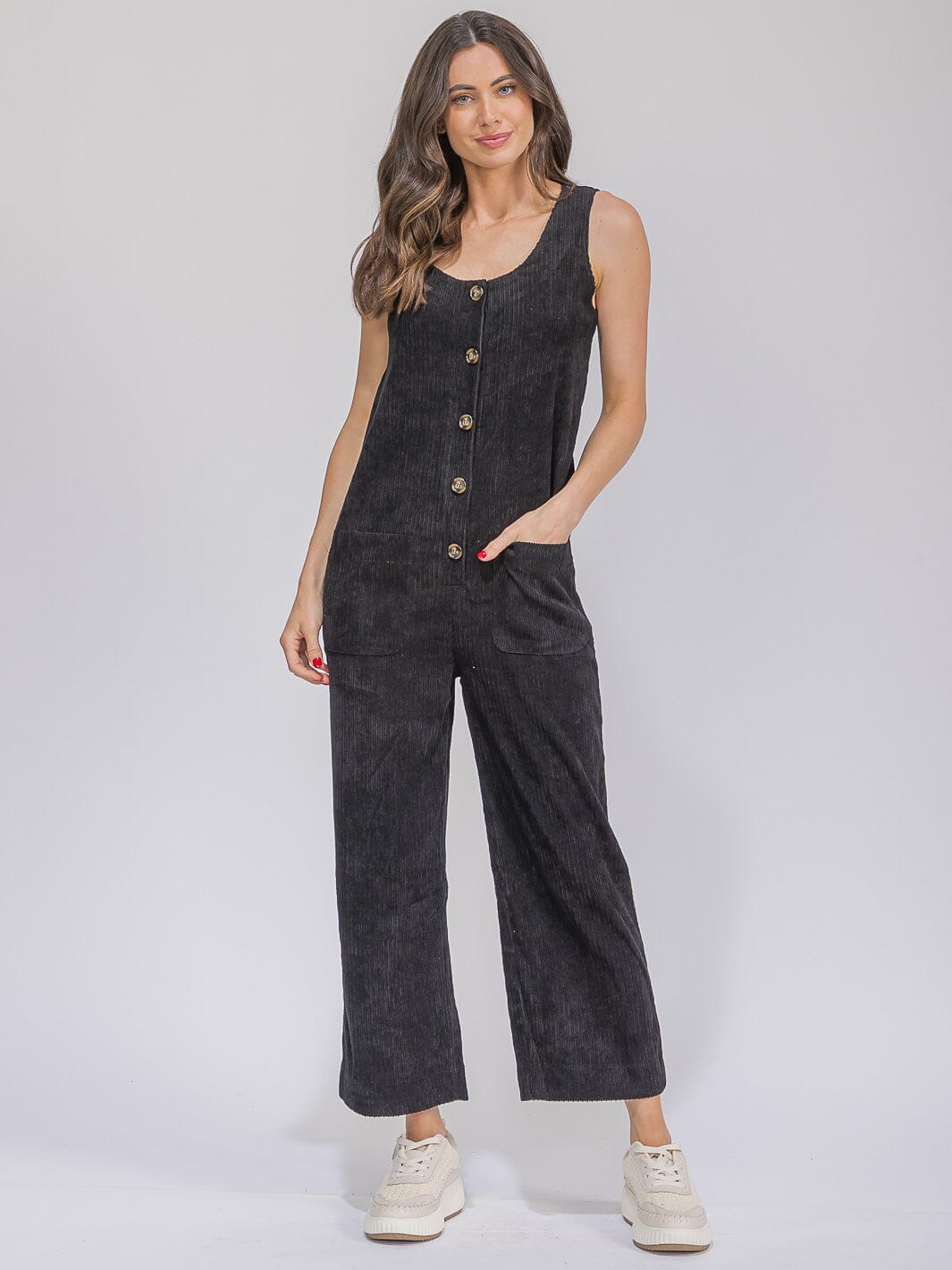 WOMEN'S SLEEVELESS FRONT POCKETS BUTTON UP WIDE LEG CORDUROY OVERALL
