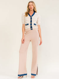 WOMEN'S SHORT SLEEVE V-NECK BLOUSE & ELASTIC WAIST WIDE LEG PANTS COLORBLOCK 2PC. SET