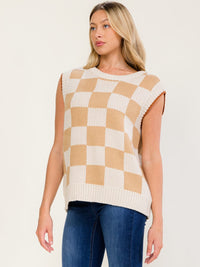WOMEN'S SLEEVELESS CHEKER PRINT KNIT SWEATER VEST