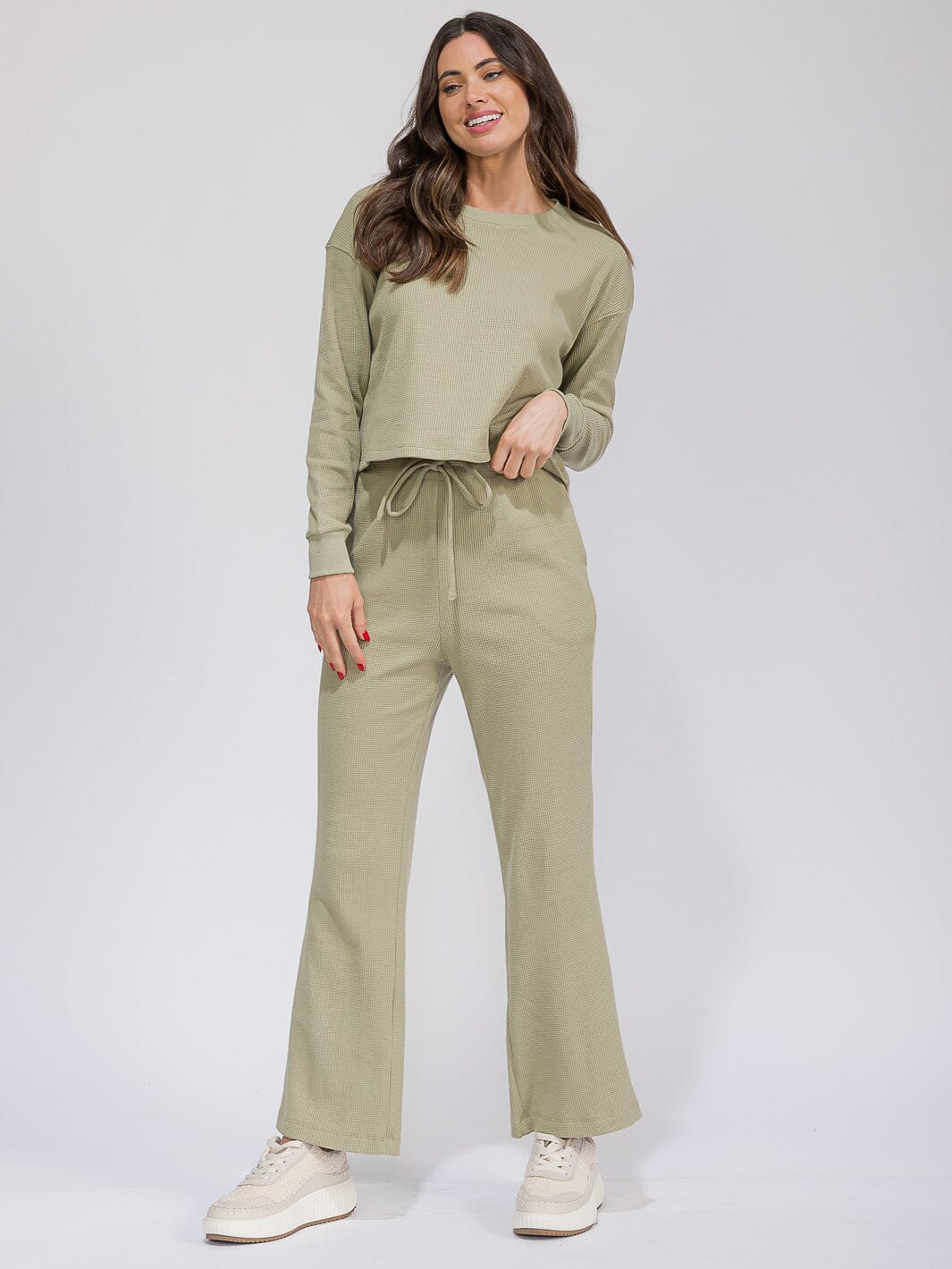 WOMEN'S LONG SLEEVE TOP & ELASTIC WAIST WIDE LEG PANTS RIBBED 2PC. SET