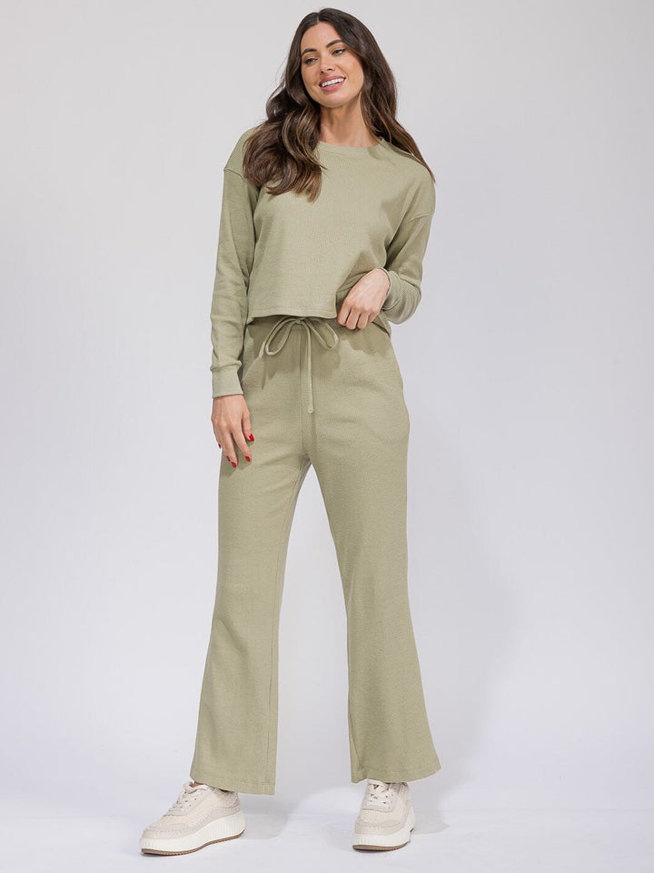 WOMEN'S LONG SLEEVE TOP & ELASTIC WAIST WIDE LEG PANTS RIBBED 2PC. SET