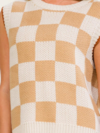 WOMEN'S SLEEVELESS CHEKER PRINT KNIT SWEATER VEST
