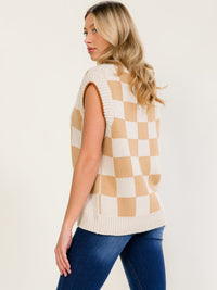 WOMEN'S SLEEVELESS CHEKER PRINT KNIT SWEATER VEST