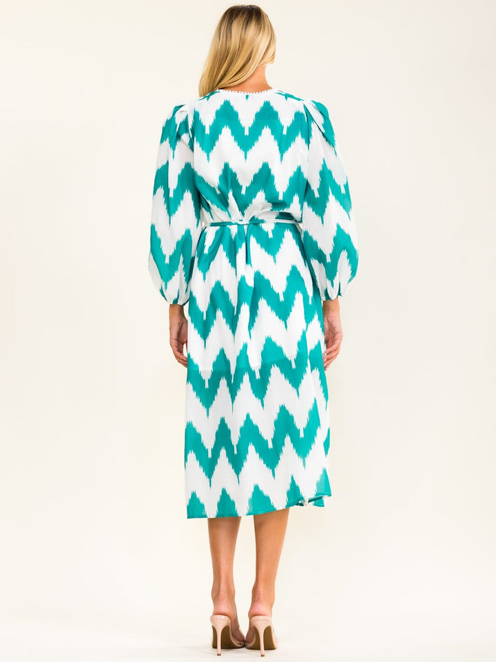 BEULAH WOMEN'S LONG SLEEVE BUTTON UP SELF TIE PRINT MIDI DRESS