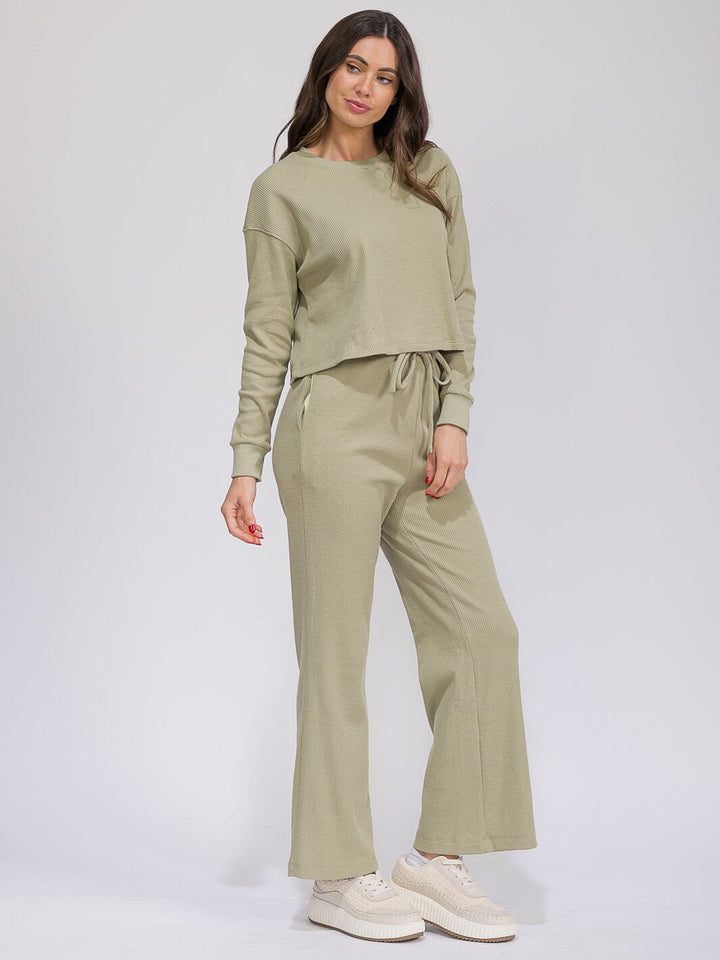 WOMEN'S LONG SLEEVE TOP & ELASTIC WAIST WIDE LEG PANTS RIBBED 2PC. SET