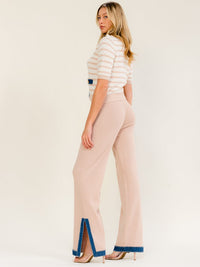 WOMEN'S SHORT SLEEVE V-NECK BLOUSE & ELASTIC WAIST WIDE LEG PANTS COLORBLOCK 2PC. SET