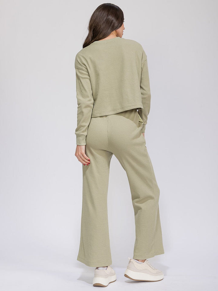 WOMEN'S LONG SLEEVE TOP & ELASTIC WAIST WIDE LEG PANTS RIBBED 2PC. SET