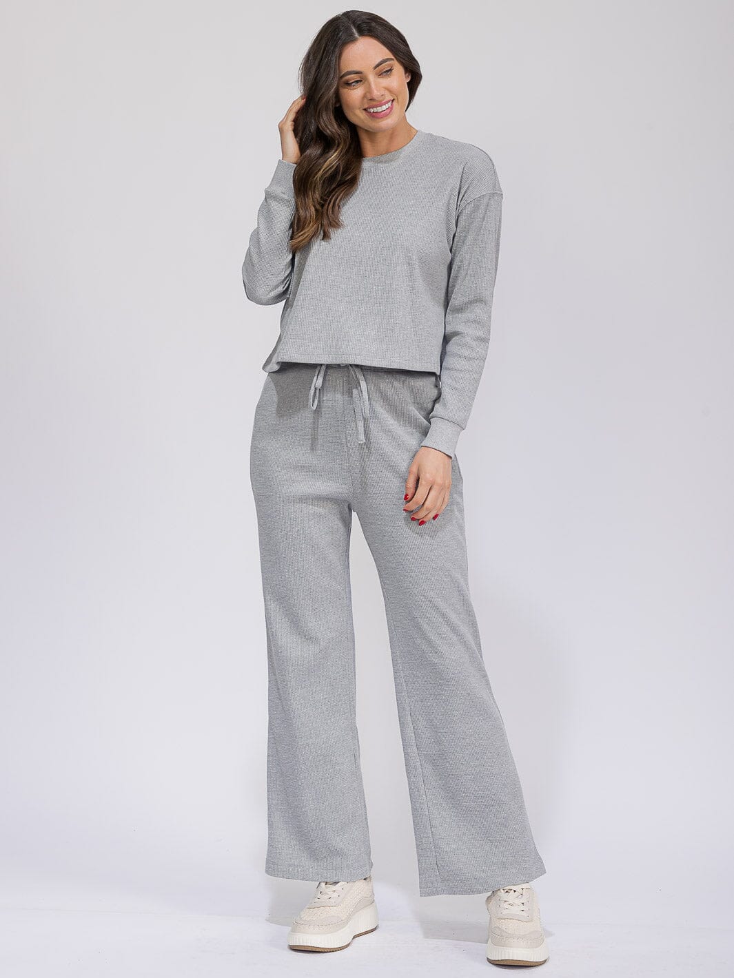 WOMEN'S LONG SLEEVE TOP & ELASTIC WAIST WIDE LEG PANTS RIBBED 2PC. SET
