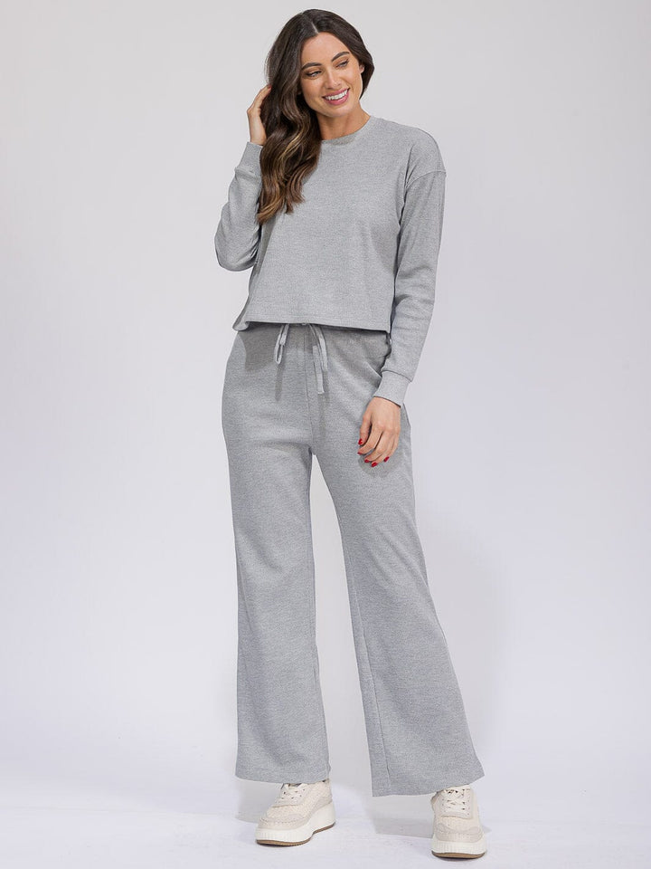 WOMEN'S LONG SLEEVE TOP & ELASTIC WAIST WIDE LEG PANTS RIBBED 2PC. SET