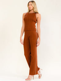 WOMEN'S SLEEVELESS TANK TOP & ELASTIC WAIST WIDE LEG PANTS RIBBED 2PC. SET
