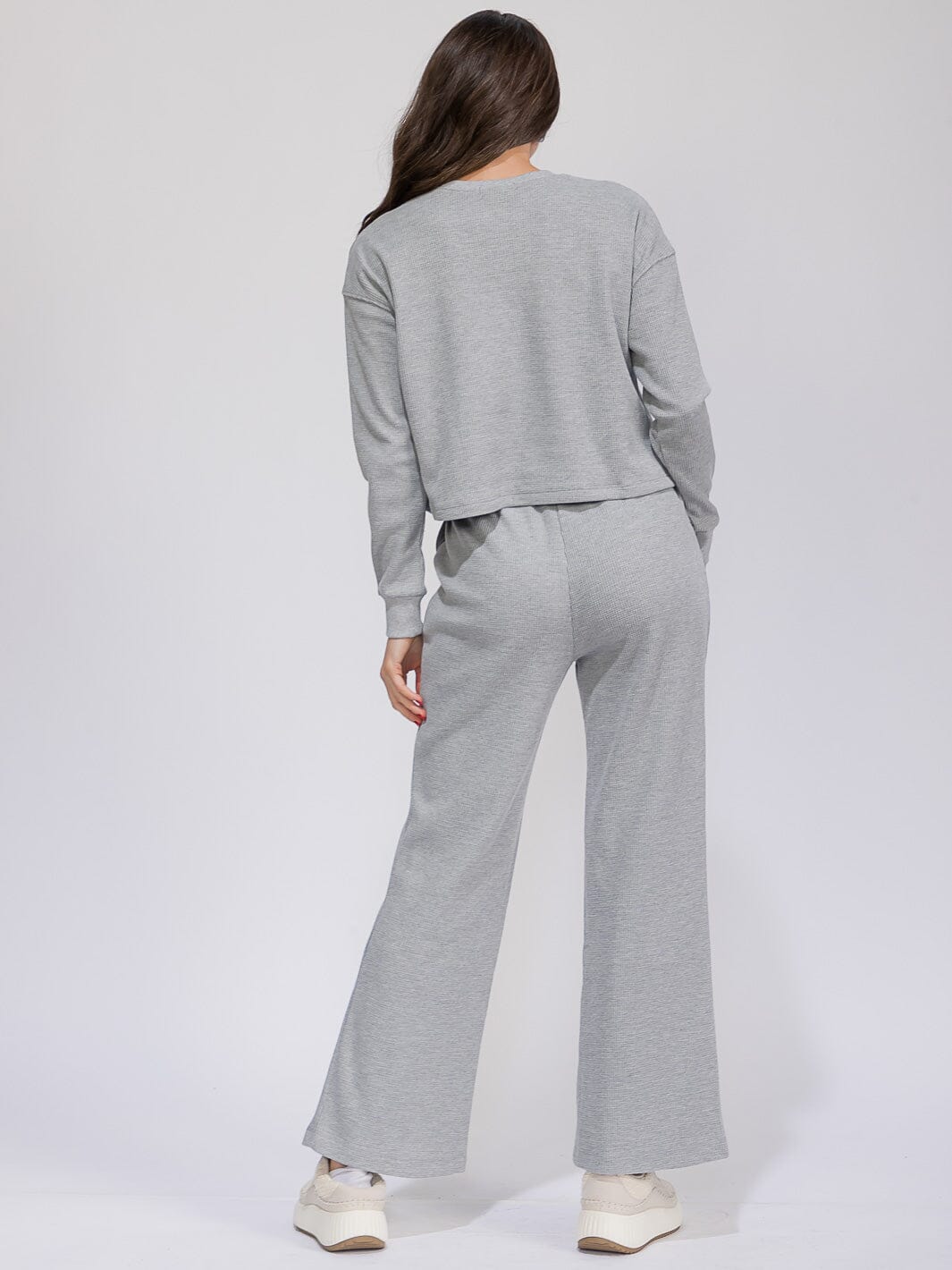 WOMEN'S LONG SLEEVE TOP & ELASTIC WAIST WIDE LEG PANTS RIBBED 2PC. SET