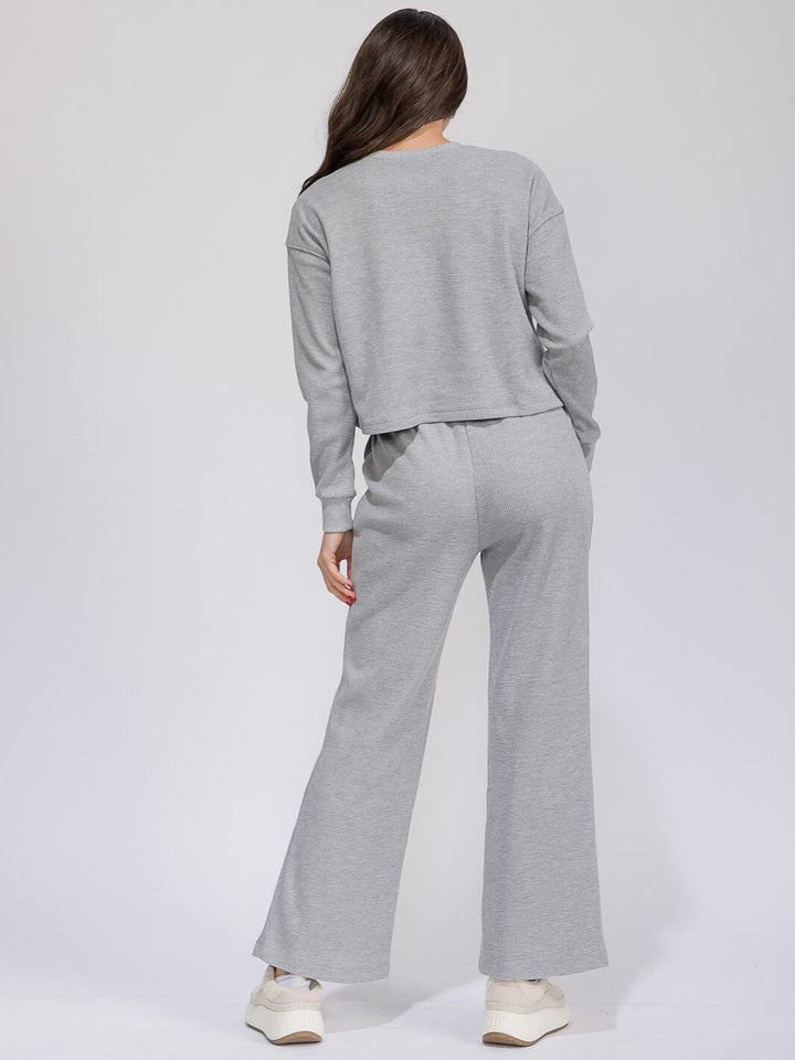 WOMEN'S LONG SLEEVE TOP & ELASTIC WAIST WIDE LEG PANTS RIBBED 2PC. SET